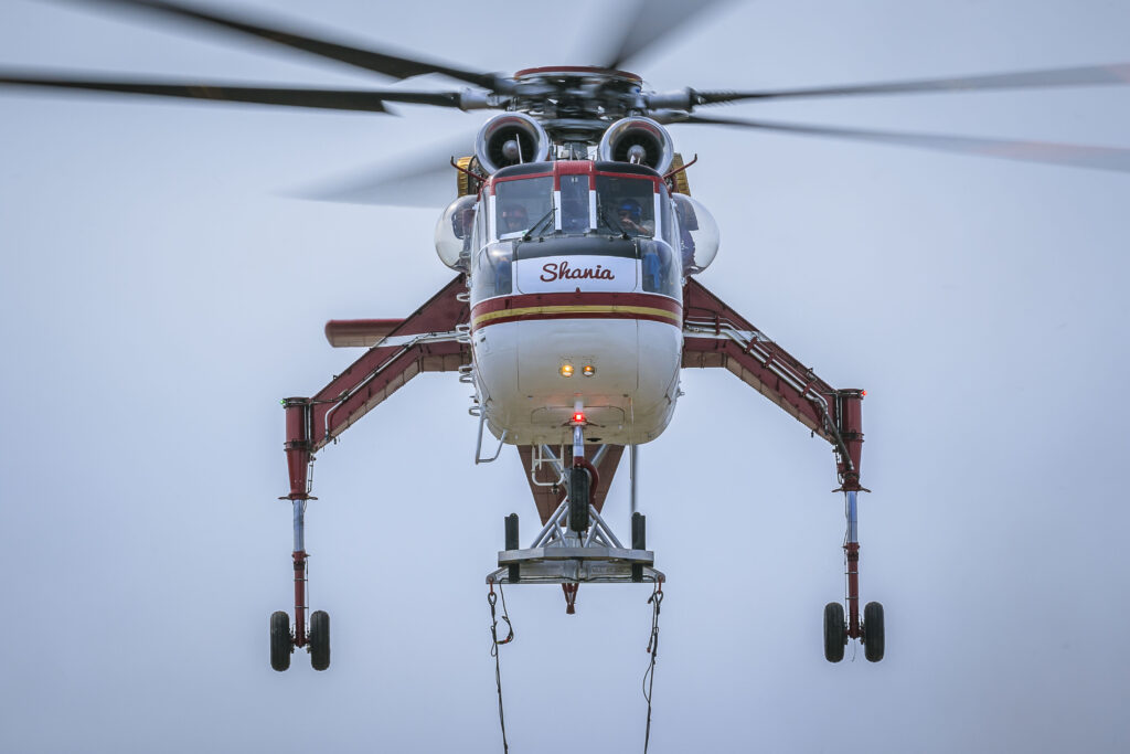 Helicopter Transport Services CH54B Skycrane near Island Falls, N. Sask